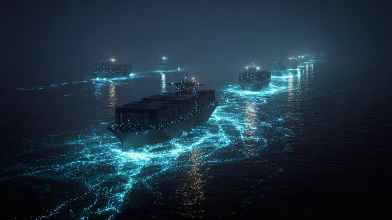 Futuristic cargo ships navigating through glowing blue bioluminescent plankton in a dark, foggy ocean at night, illustrating global trade, shipping logistics, and natural phenomena concepts