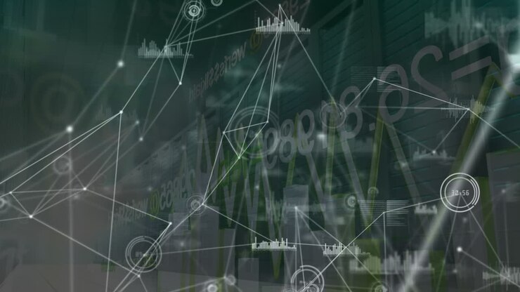 Animation of connections, l data and graphs processing on grey digital screen
