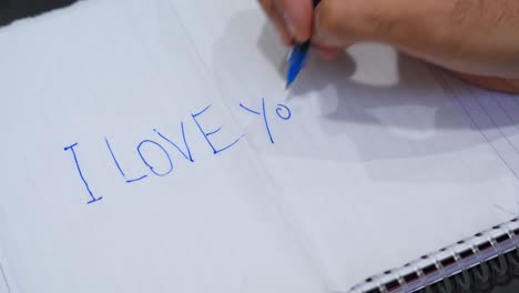 close-up of hand writing “i love you” in blue ink on napkin paper. perfect for romantic, heartfelt, cinematic, or valentine’s day content.