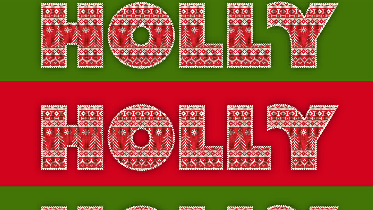 빨간색과 초록색 배경에 크리스마스에 홀리 텍스트의 애니메이션