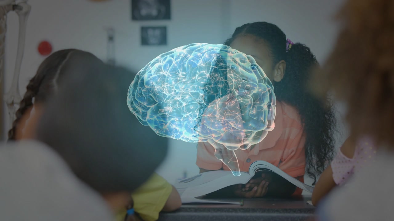 Girl reading open book in class animated brain pulsing over center face emerging sparking learning