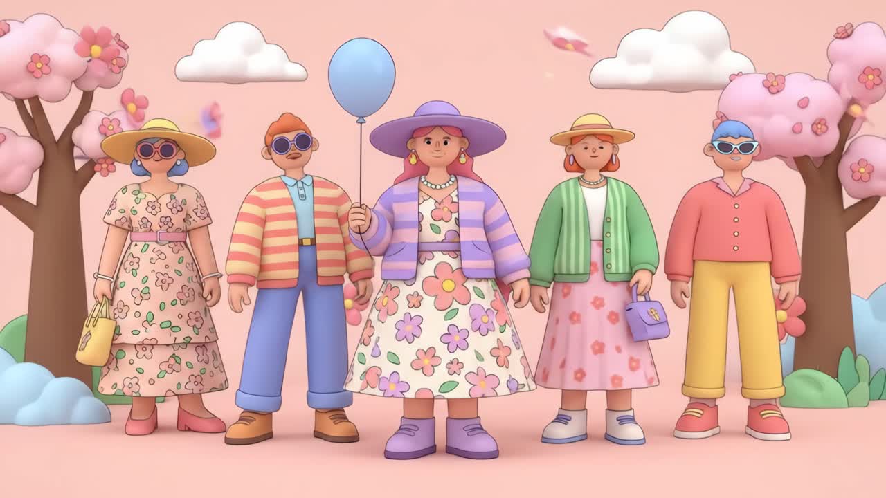 Group of Happy 3D Animated Characters in a Pastel Spring Setting