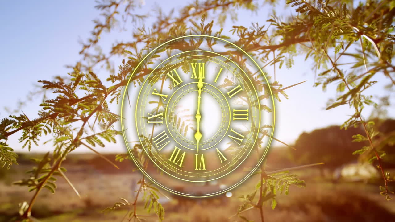 Animation of golden clock face with Roman numerals over countryside landscape