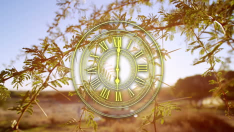 animation of golden clock face with roman numerals over countryside landscape