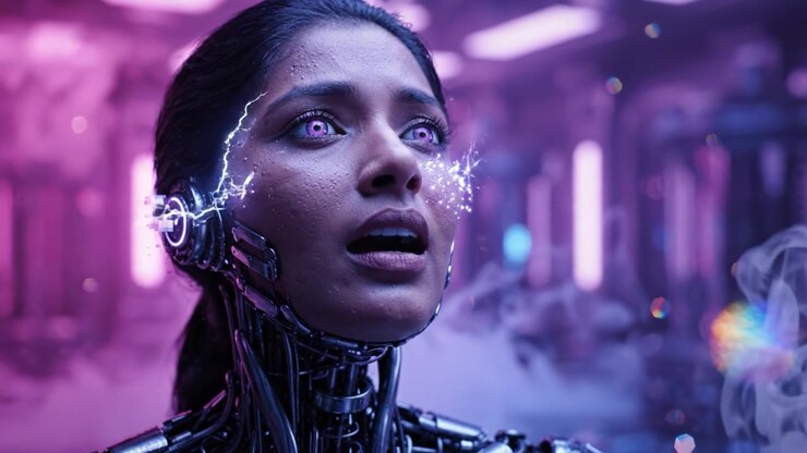 Futuristic Cyborg with Glowing Eyes in State of Shock Amidst a High-Tech Environment with Mysterious Lightning Effects and Ethereal Smoke Surrounding Her