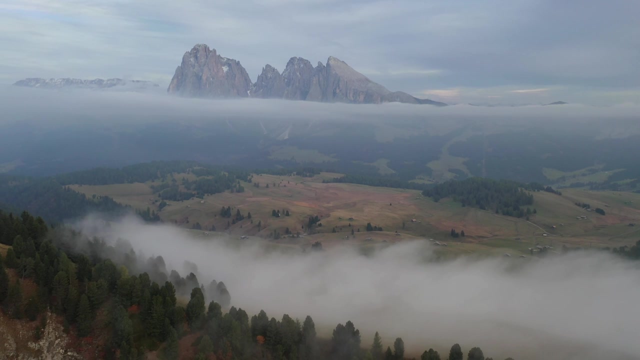 Imponerende droneoptagelse fra høj vinkel af tykke lavtliggende skyer og tåge, der ruller gennem Alpe di Siusi-dalen i Italien. Viser en grøn fyrreskovsryg med de majestætiske Sassolungo-toppe, der rejser sig over.