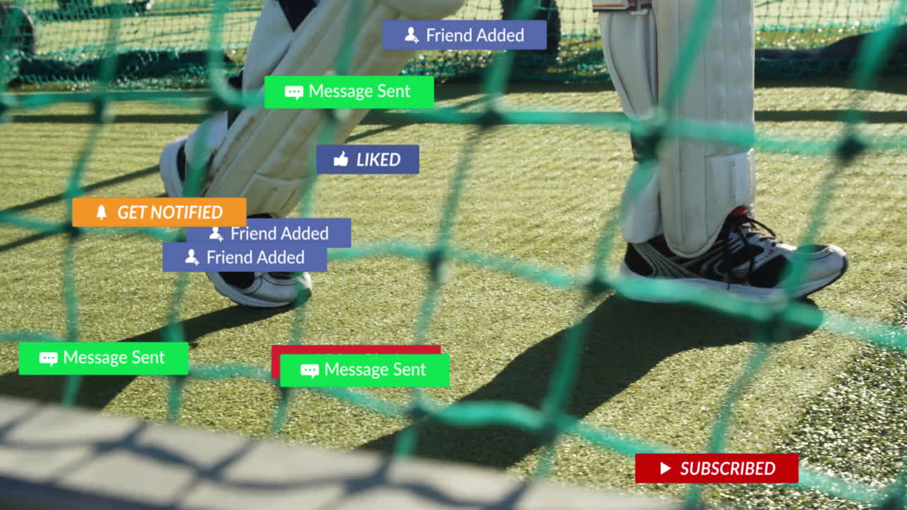 Cricket player practicing with social media notification animations over netting