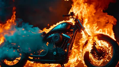 a motorcycle is engulfed by flames in the dark