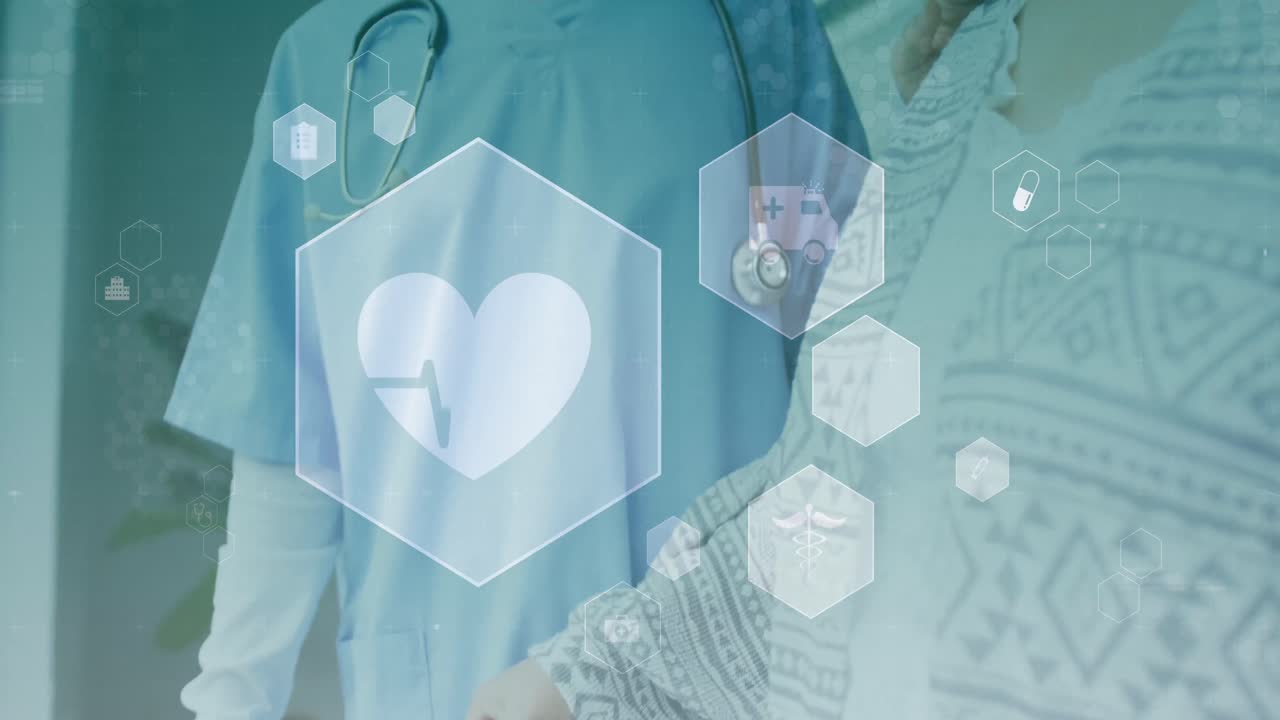 múltiples iconos médicos contra una trabajadora de salud asiática que ayuda a una mujer mayor a caminar