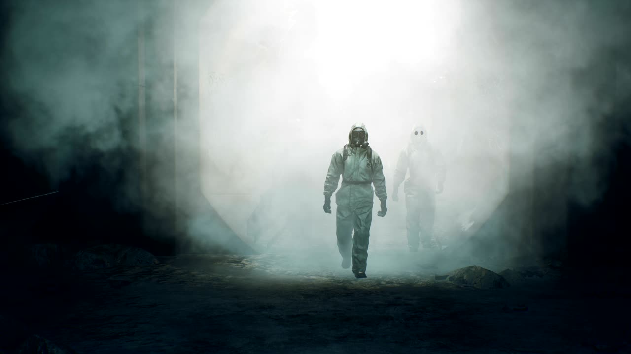 los acosadores con ropa de protección militar y una máscara de gas están caminando a lo largo de un metro abandonado y desierto. el concepto de un mundo post-apocalíptico después de una guerra nuclear. animación en bucle 3d.