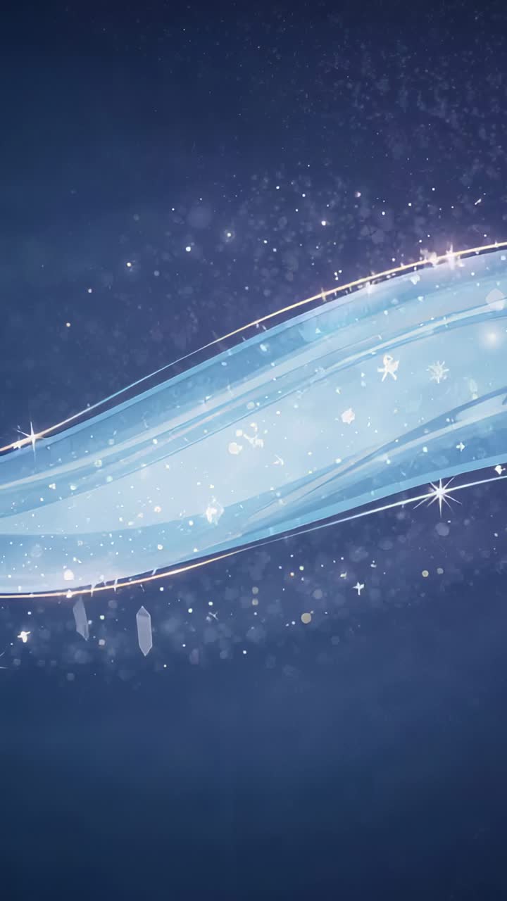 Vertical video: Gliding translucent cyan ribbon shifting right on loop over navy dust and crystals