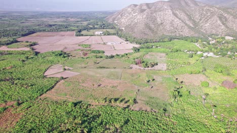 Vista-Aérea-De-La-Región-De-Neiba-Con-Plantaciones-Y-Vegetación-Con-Montañas-De-Fondo