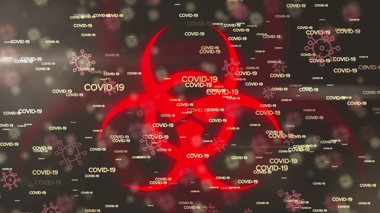 animación de una caída múltiple de texto de covid 19 sobre un signo de advertencia en fondo negro