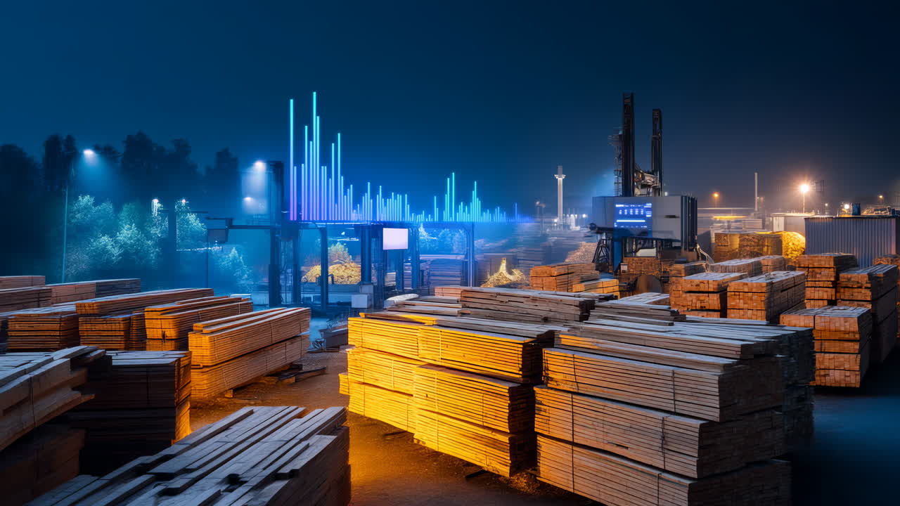 Nutzung von Holzplatzmaschinen bei Nacht. Holzstapel sind auf einem Holzplatz angeordnet, während Maschinen nachts unter hellem Licht arbeiten
