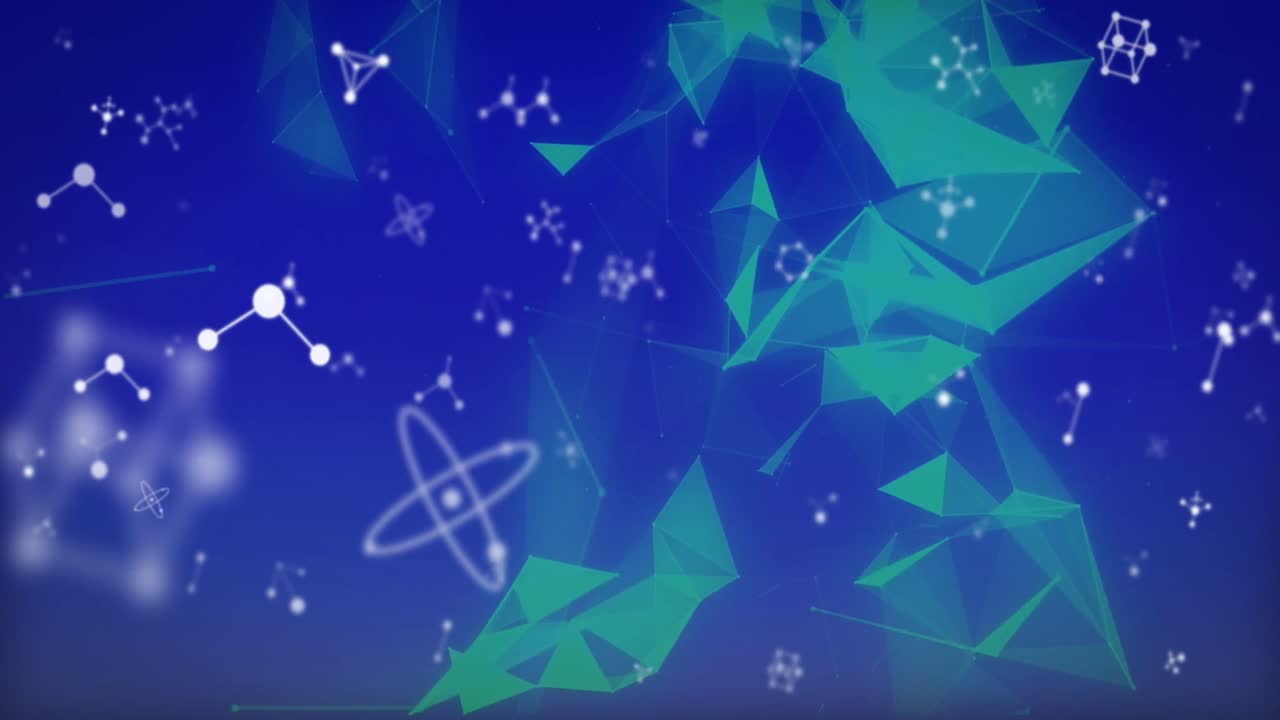 Animation of molecules over blue background with shapes