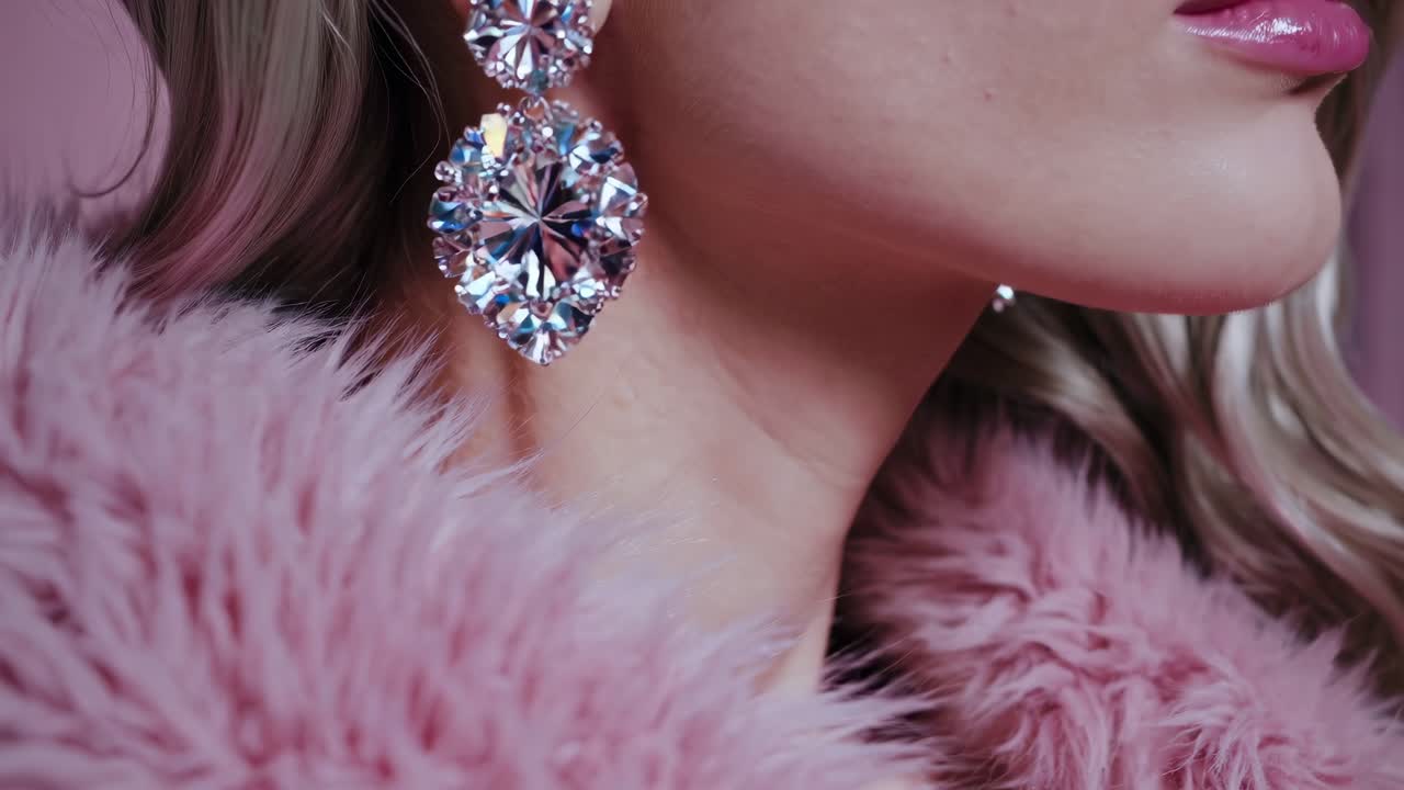Glamorous model with striking silver hair and luxurious pink fur, posing gracefully in an elegant pink bedroom, adorned with dazzling diamond earrings, embodying fashion and sophistication