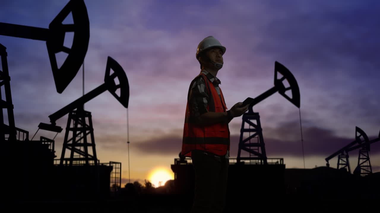 vista lateral de un ingeniero masculino asiático con casco de seguridad usando un teléfono inteligente y mirando a su alrededor mientras está de pie frente a las bombas de petróleo, durante la puesta o salida del sol