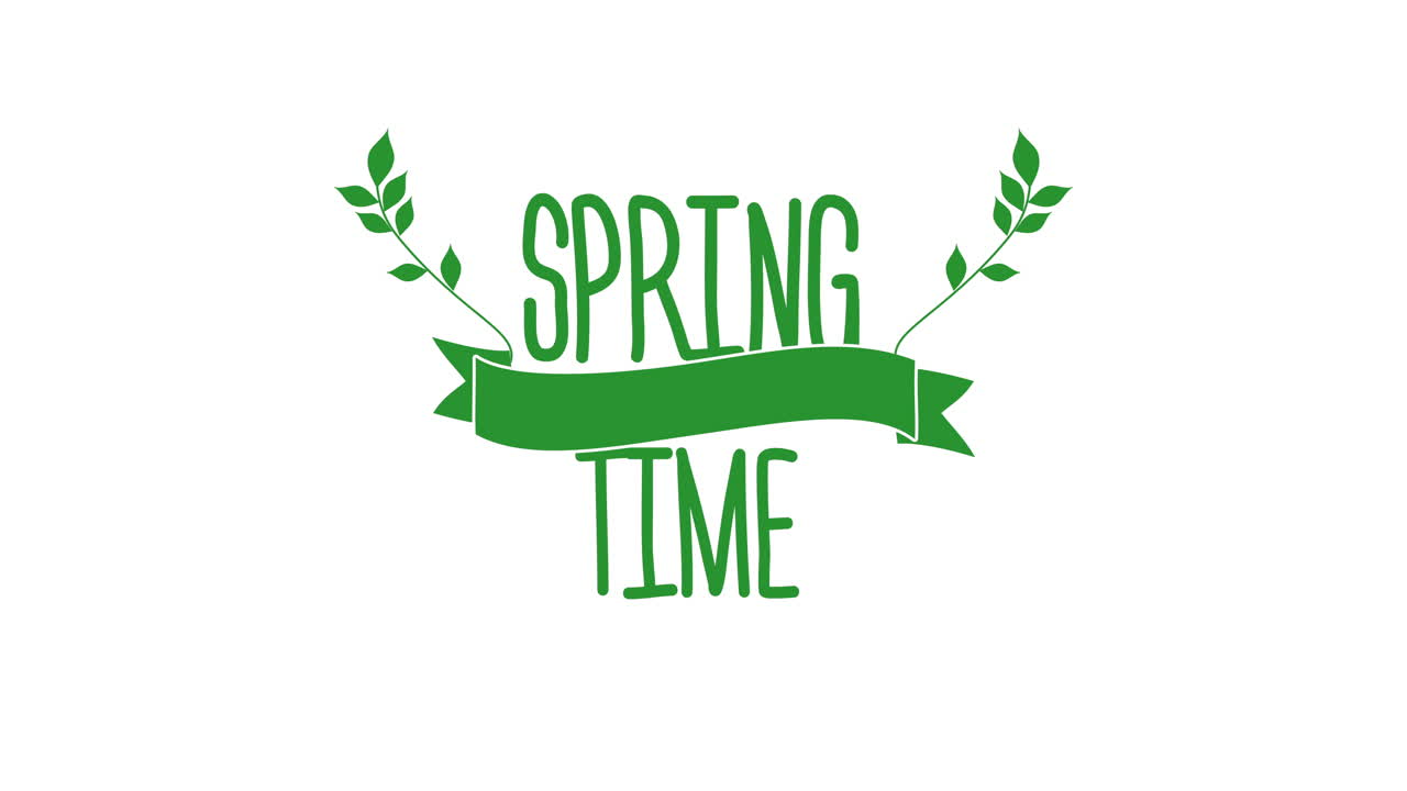 Spring Time with green leaves and ribbon on white gradient
