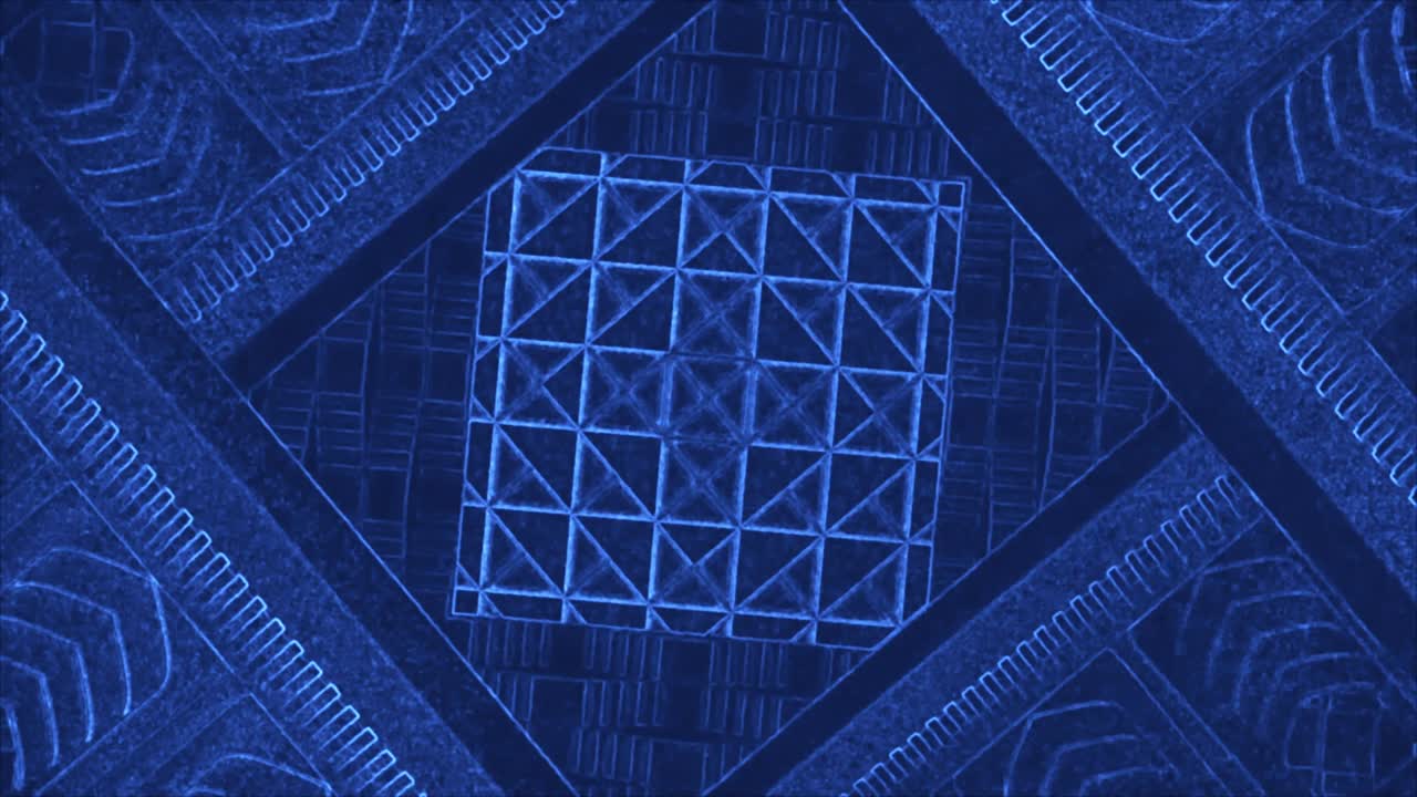 4k seamless animated fly through an ancient temple tunnel with parts glowing and in neon