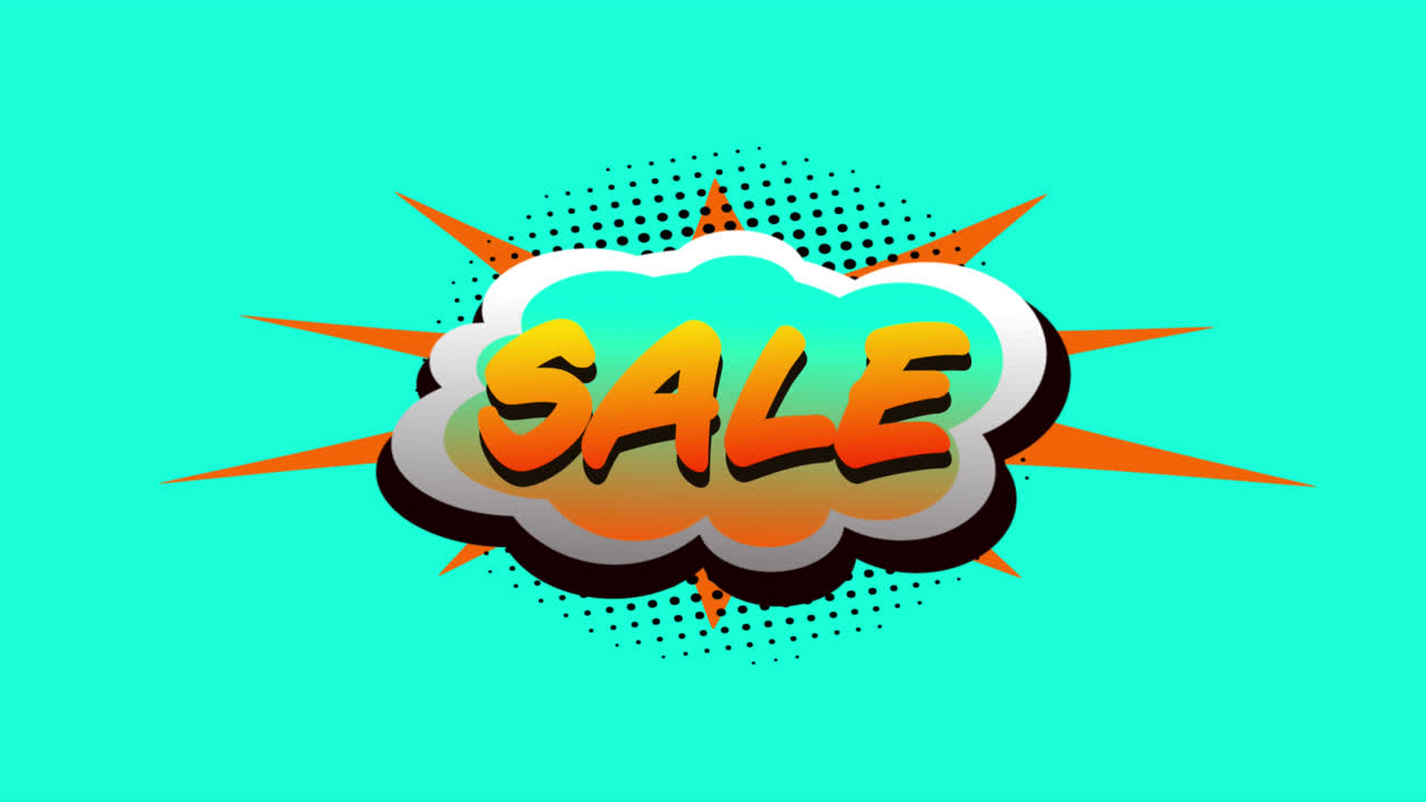 venta y boom texto en burbuja de habla contra fondo verde