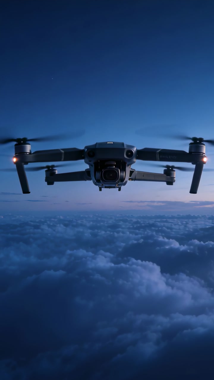 Vertical video: Hovering drone maintaining altitude above clouds at twilight, showing camera gimbal