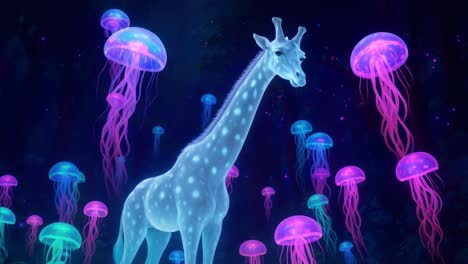 a surreal video scene with a glowing giraffe surrounded by neon jellyfish in a dark forest