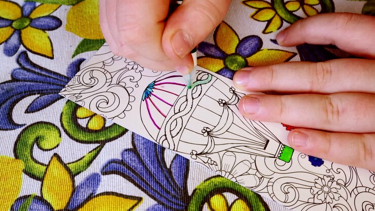 Young child coloring detailed hot air balloon design with markers on floral tablecloth