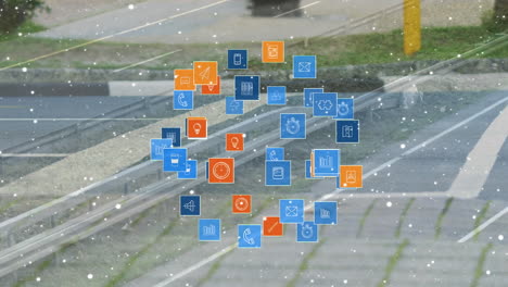 animación de iconos de medios y puntos sobre la carretera