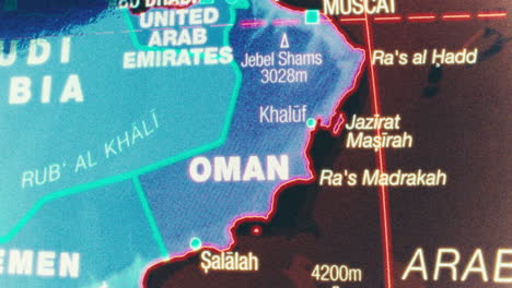 close-up view of a map highlighting oman and surrounding arabian peninsula countries