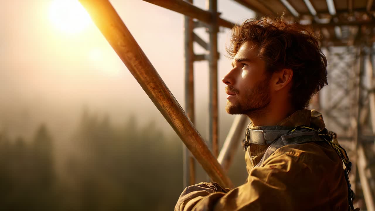 A contemplative male figure gazing thoughtfully into the distance while standing on a scaffold during sunrise, capturing the essence of introspection against a serene natural landscape