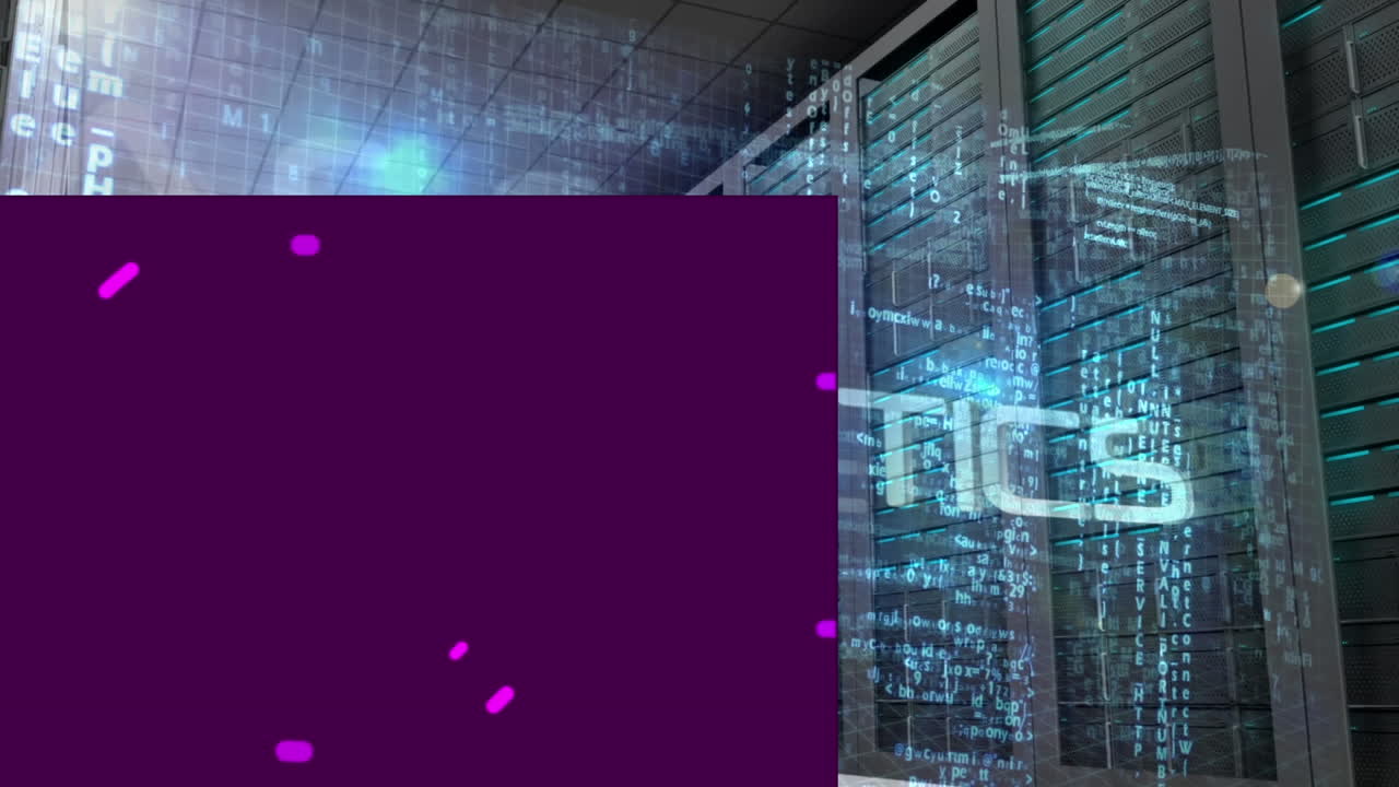 Animation of data processing and purple processing circle over server room