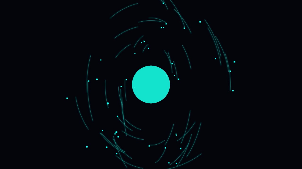 Abstract Motion Graphic of Teal Sphere with Orbiting Particles