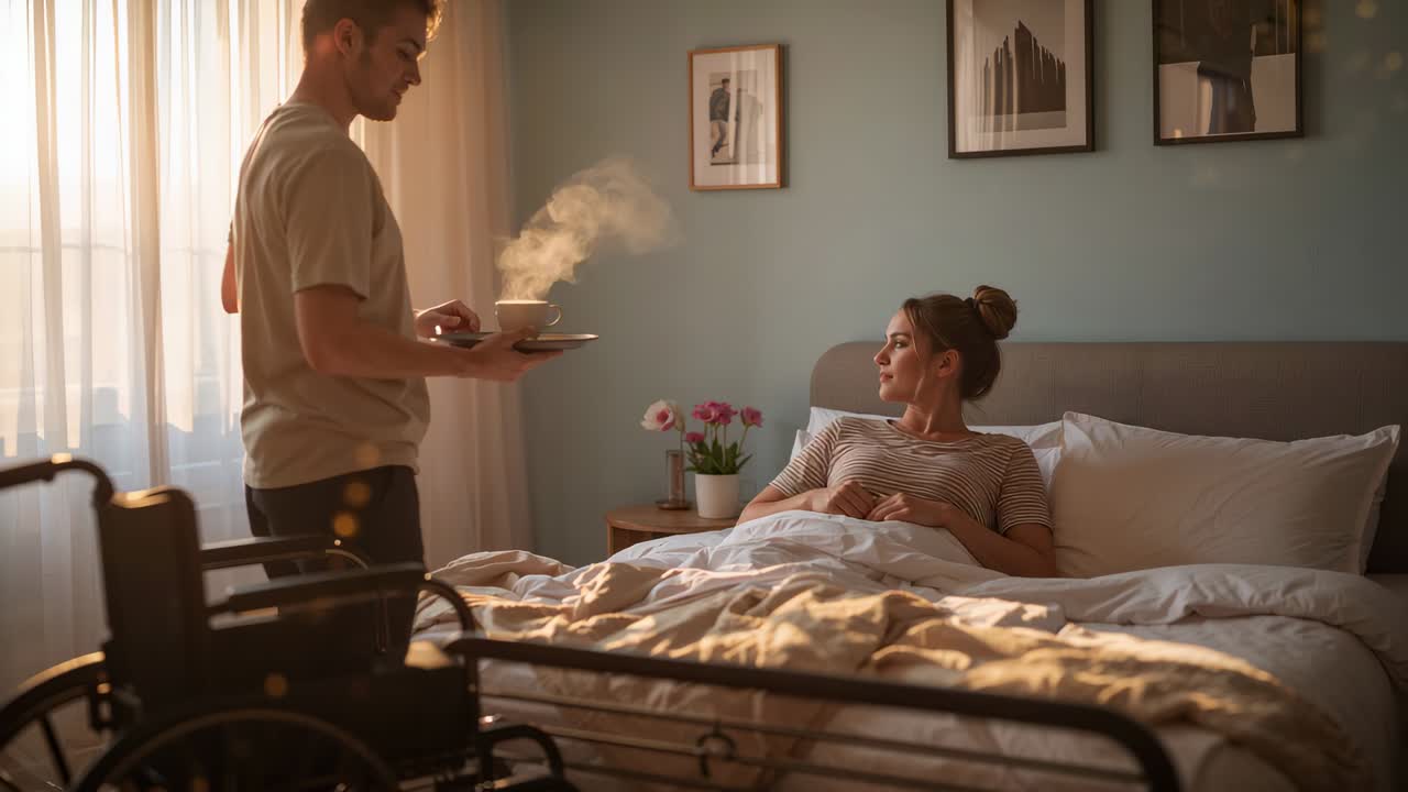 Bringing man in tee placing steaming tray on woman in bed after sunrise, giving care, wheelchair