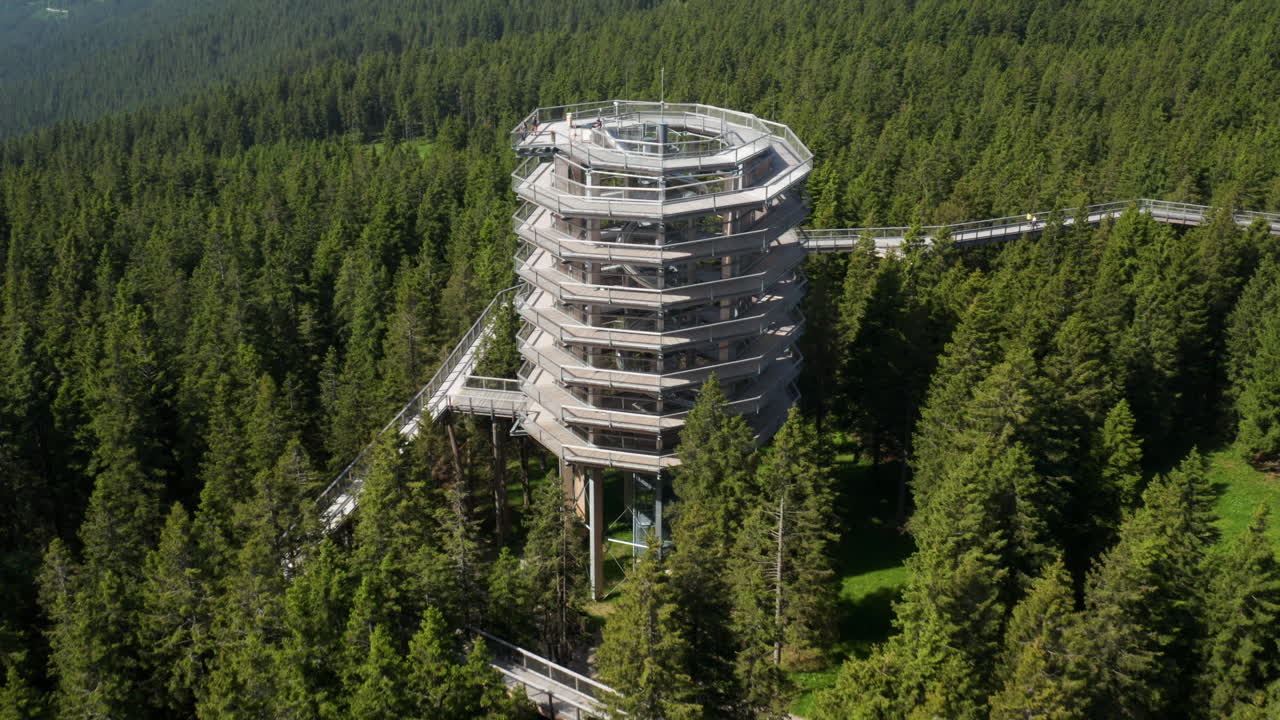 Wooden Spiral Observation Tower in a Mountain Forest