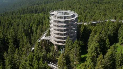 wooden spiral observation tower in a mountain forest