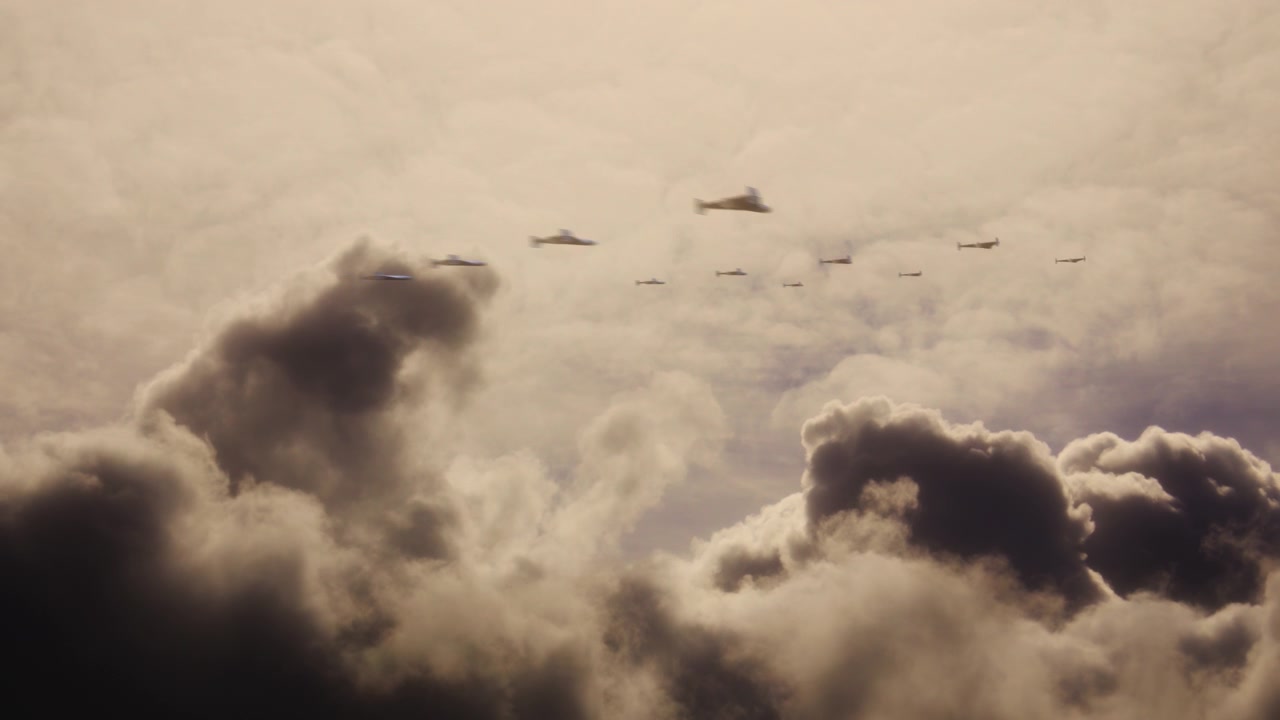 Droni kamikaze Shahed 136 che volano velocemente verso l'obiettivo con uno sfondo di cielo nuvoloso drammatico. UAV Veicolo aereo senza pilota. Guerra aerea con tecnologia moderna. Aereo da combattimento. Rendering 3D.