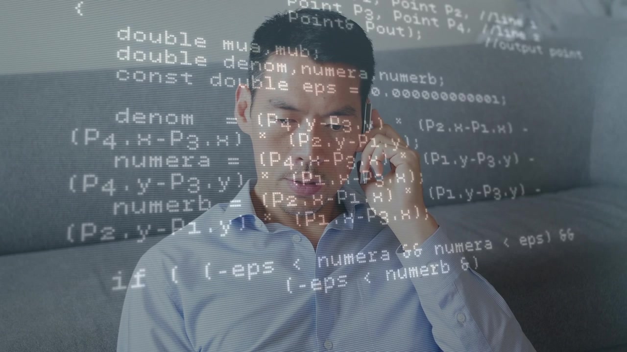 Animation of numbers over caucasian over businesswoman using phone headset