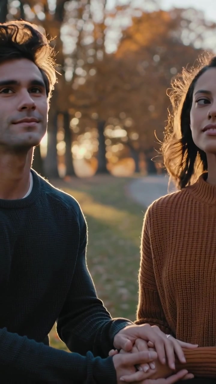 Vertical video: Turning head, man dark sweater leading woman rust sweater, holding hands at park