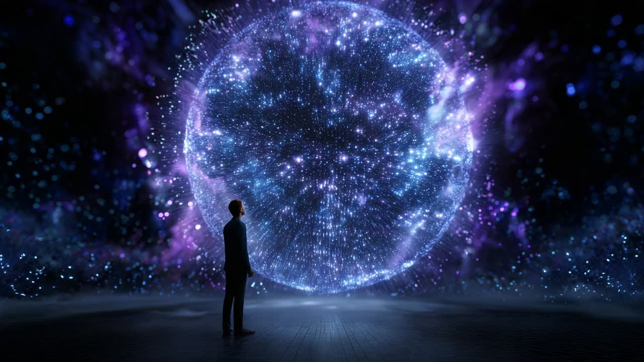 A person stands mesmerized in front of a dazzling cosmic sphere, surrounded by a swirling galaxy of stars and vibrant colors, exploring the depths of a digital universe brimming with possibilities