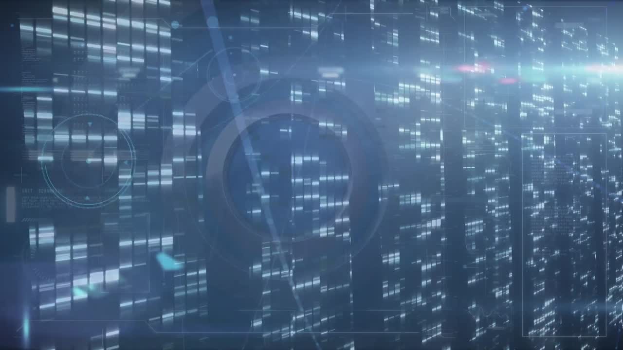 다양한 데이터 처리, 조명 비율 및 연결을 가진 파란 디지털 화면의 애니메이션