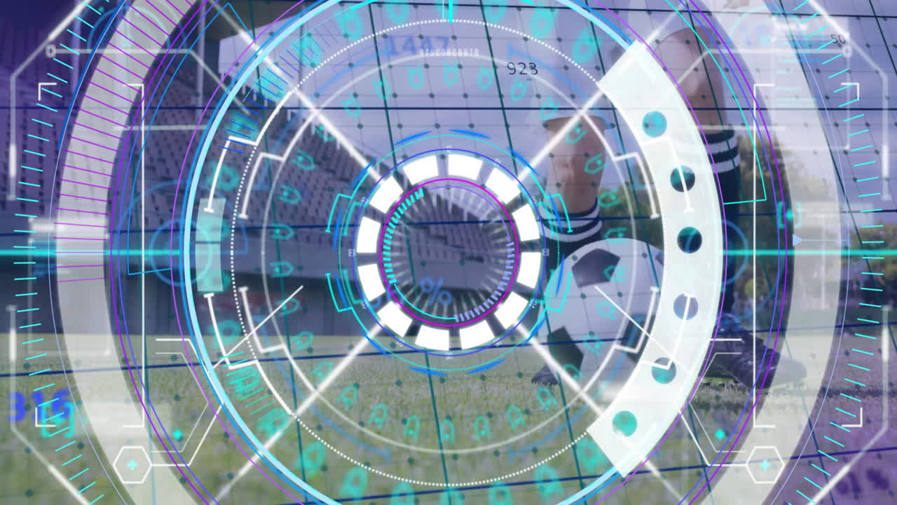 Animation overlaying futuristic digital interface on soccer ball on grass field