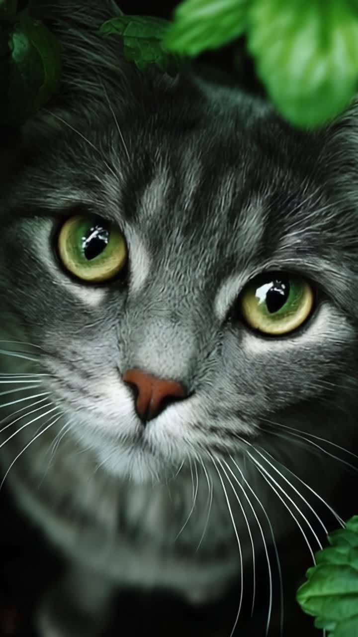 Accattivante gatto grigio che fissa direttamente la macchina fotografica tra un folto fogliame verde, mostrando sorprendenti occhi verde brillante e baffi delicati