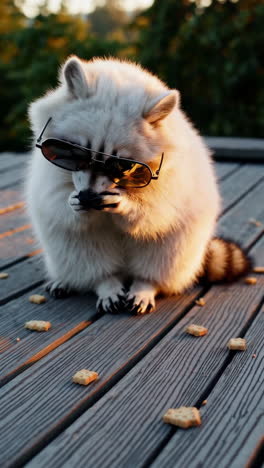 white raccoon in sunglasses eating cookies