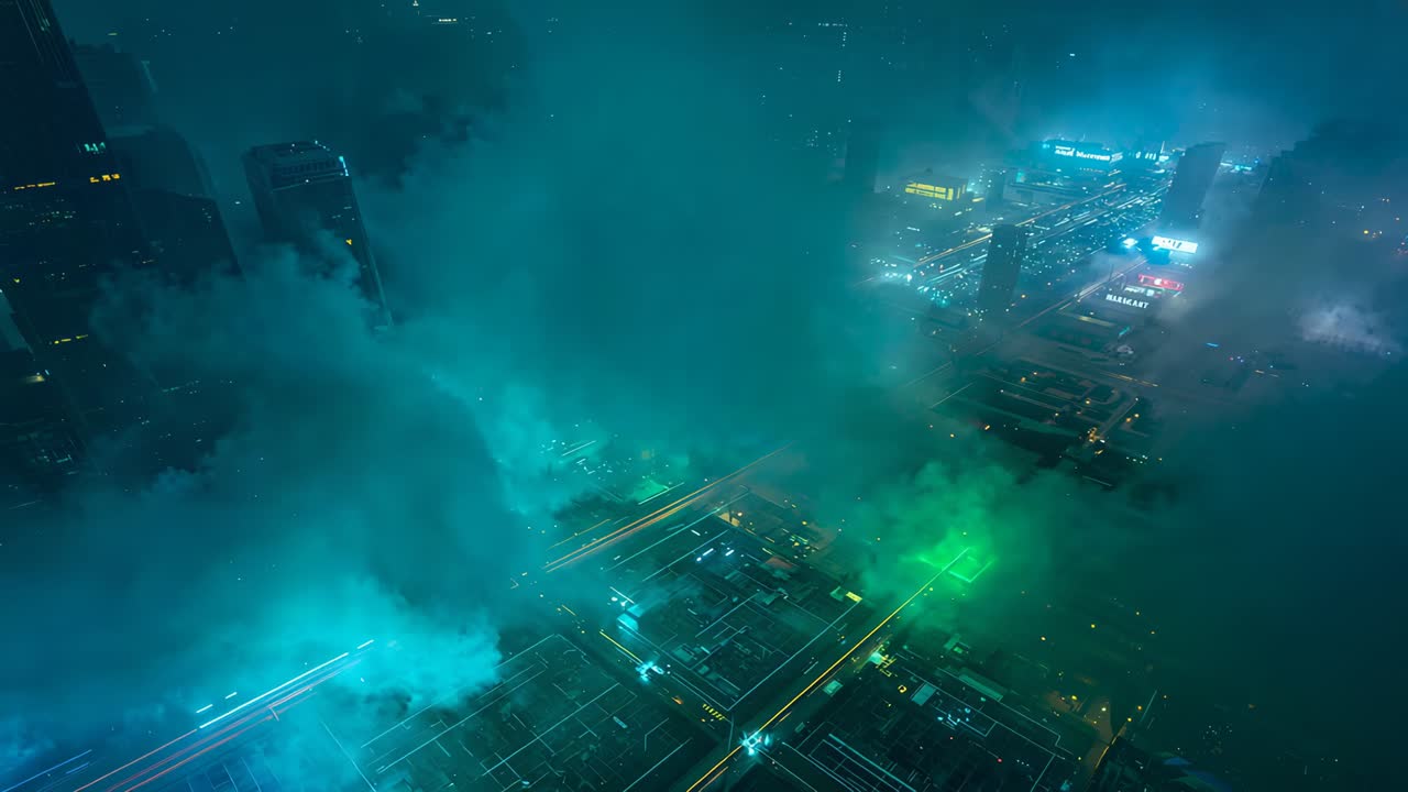 Avvio discesa drone che si avvicina al complesso sul tetto di notte, rivelando nebbia color teal e strade illuminate