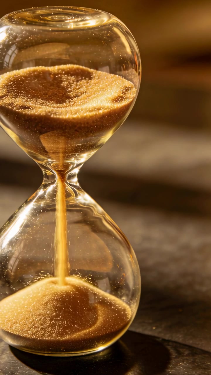 Vertical video: Gravity pulling gold sand through neck, hourglass forming rippled pile on tabletop