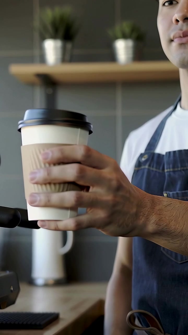 Video verticale: barista con grembiule blu e maglietta bianca pronto a servire, offre un bicchiere da asporto al bancone, spazio per il testo