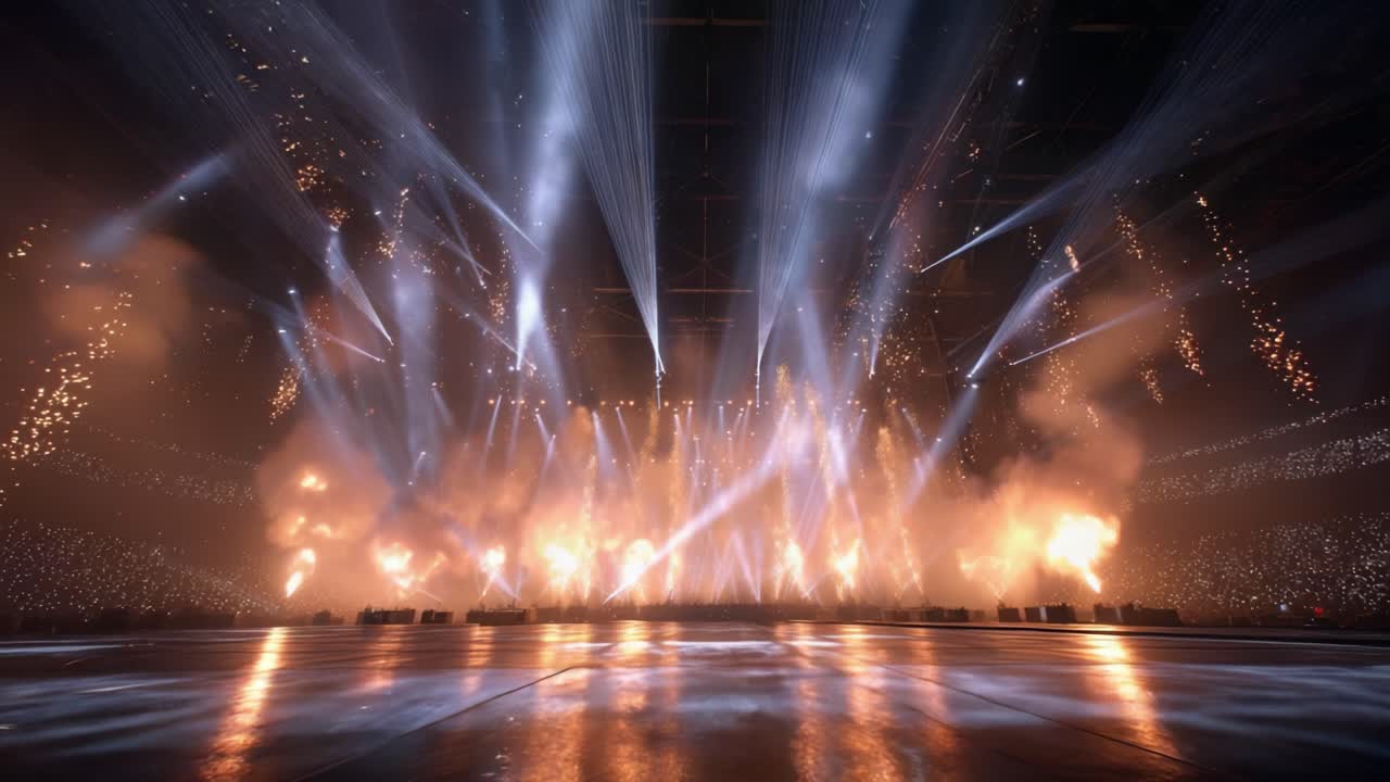 An Electrifying Spectacle of Lights and Fire, Showcasing a Dazzling Performance that Captivates the Audience with Brilliant Pyrotechnics and Stunning Visual Effects on an Enormous Stage