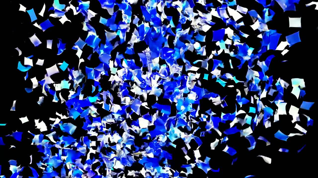 파란색과 색의 콘페티가 검은색 배경에 떨어집니다.