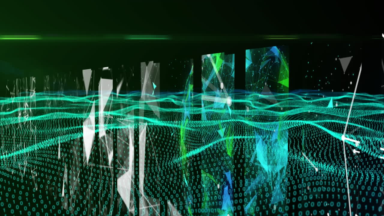 Animation of waves with data processing over network of connections on black background