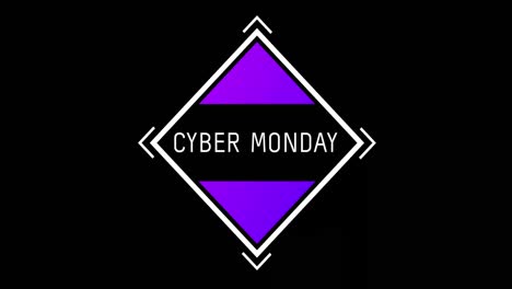 texto blanco y púrpura de cyber monday que aparece contra una pantalla negra